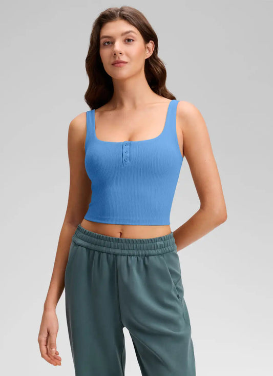 Ribbed Henley Neck Built in Bra Tank